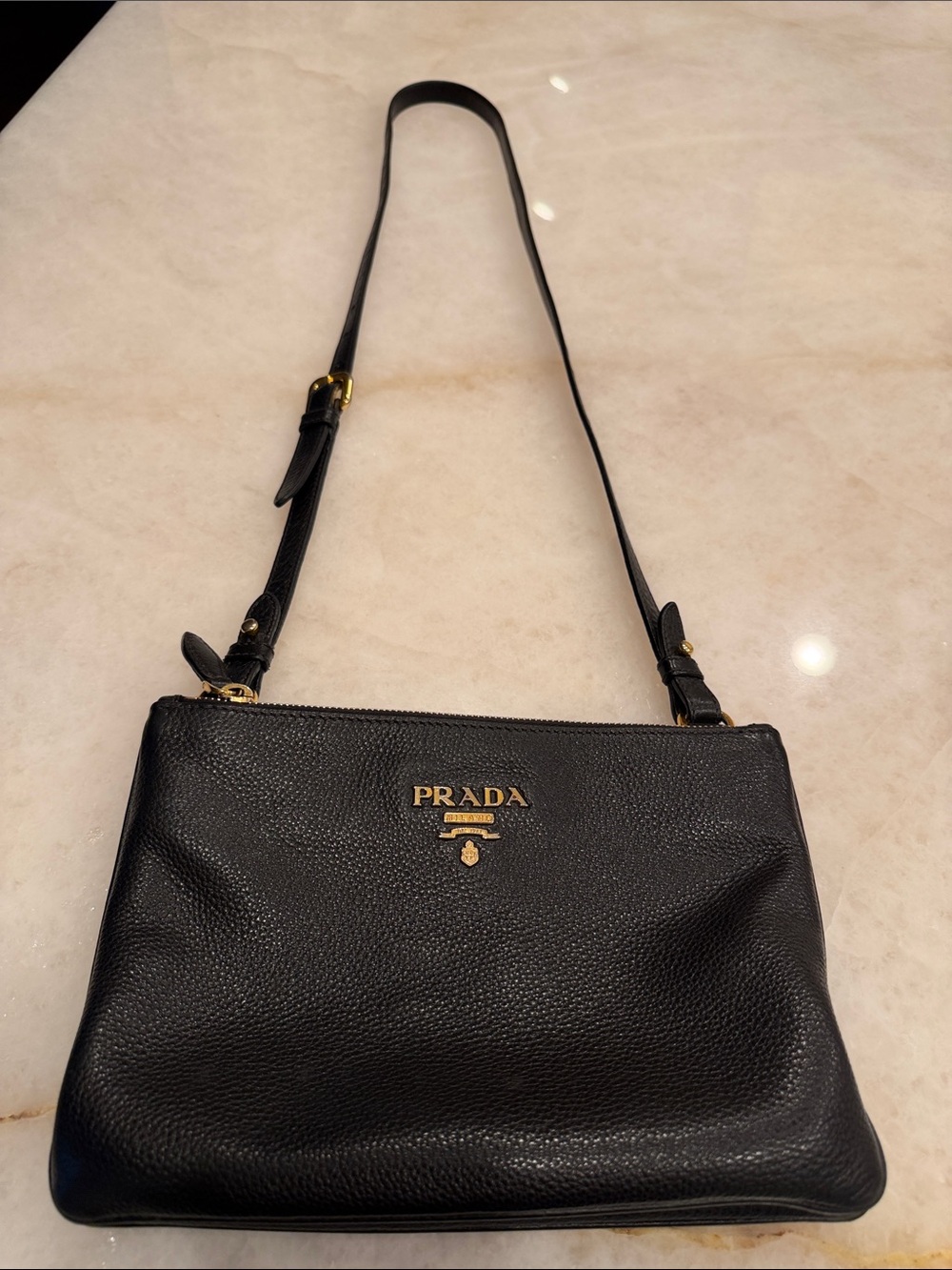 Authentic Prada Black Pebbled Leather Shoulder Bag with Gold Logo Accent - Picture 10 of 10